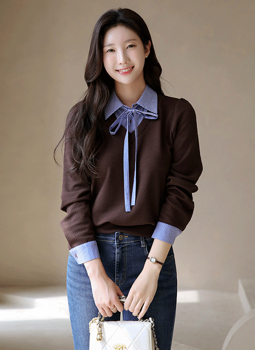 [LouisAngel] 어텀블 스트라이프 레이어드 타이SET 블루종 블라우스 티