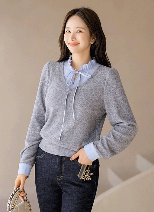 [LouisAngel] 하니하니 프릴 블라우스 배색 레이어링 포근 니트 블라우스 티