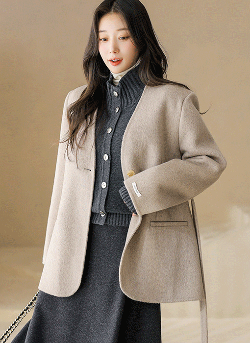 스테빈 벨트SET 포근 울 블렌딩 핸드메이드 하프 자켓 코트