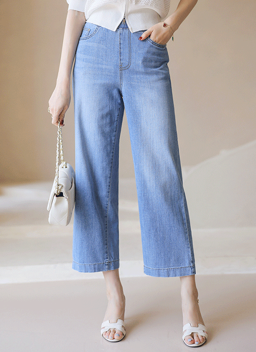 (55-77) 9부 허리밴딩 일자 세미와이드 데님 팬츠