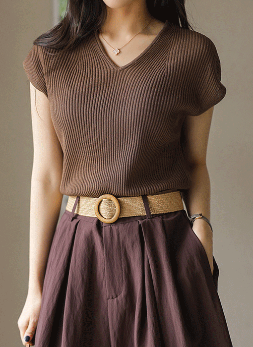 캡소매 브이넥 스카시 골지 짜임 심플 베이직 니트