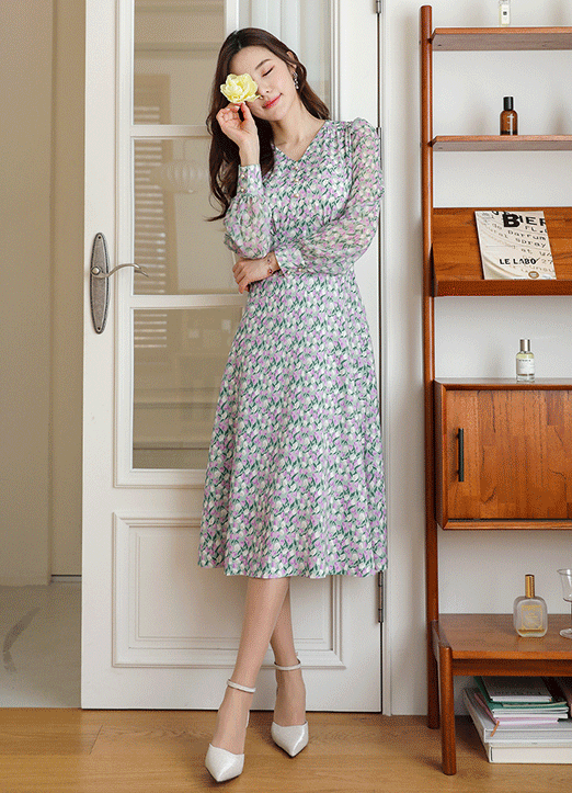 [Louis Angel]郁金香图案喇叭式连衣裙