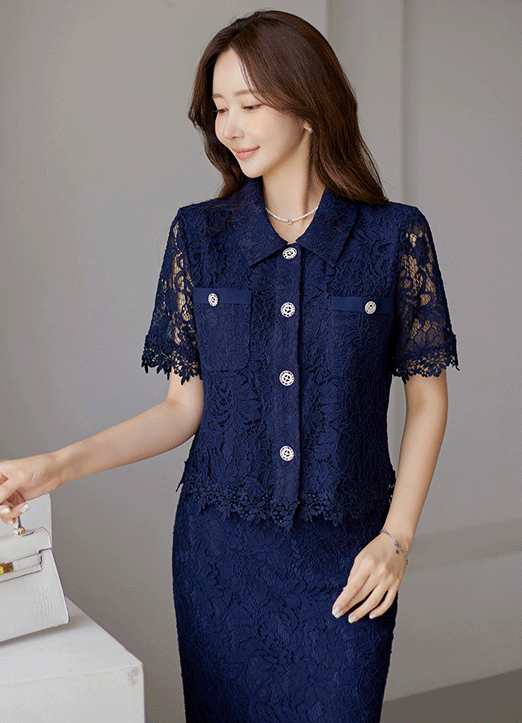 透视蕾丝银章扣翻领短夹克