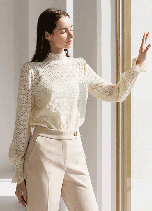 [Theonme] 菱形花纹分层拉绒蕾丝T恤