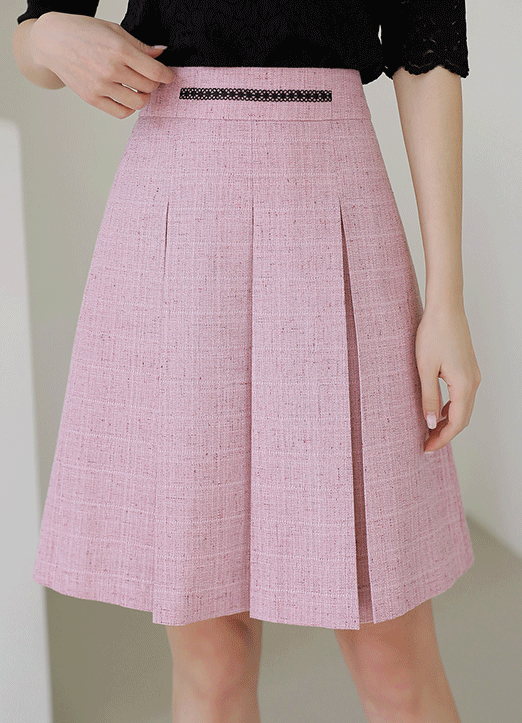 [LouisAngel]  바비코어 핑크 트위드 레이스 배색 A라인 미디 플리츠 스커트