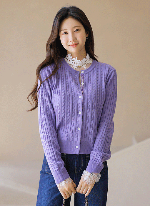 데이브 히든 체크 배색 포인트 꽈배기 라운드 니트 가디건