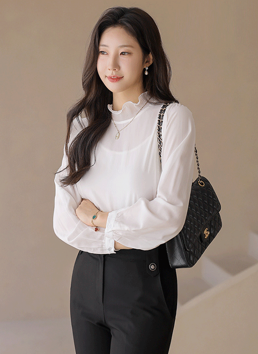 나나레 플리츠 물결 프릴 쉬폰 배색 반하이넥 블라우스