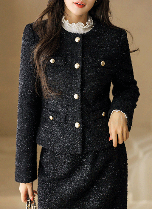 미엔느 2온스 누빔 안감 완벽 슬림 라인 펄 트위드 자켓