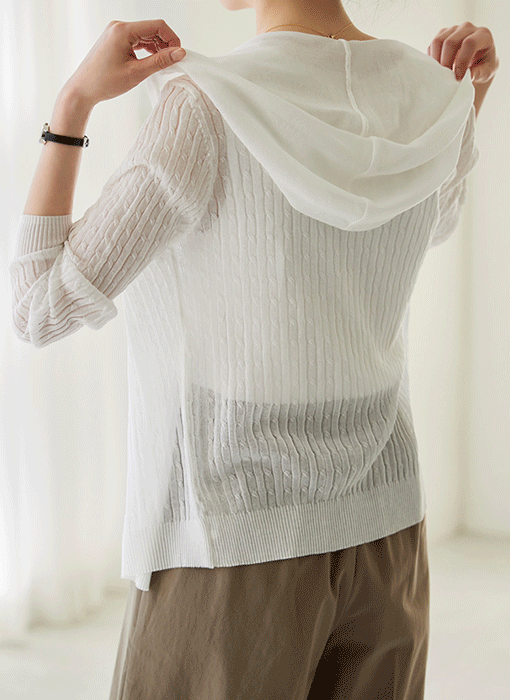 麻花纹连帽透视针织开衫