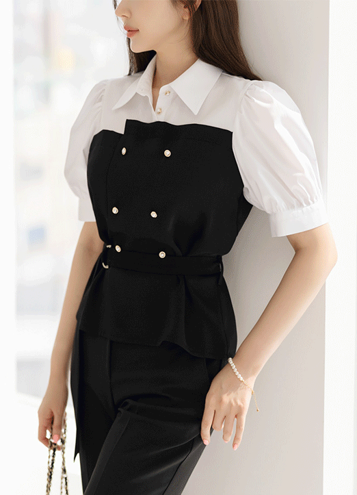 [Louis Angel] 格纹配色褶皱腰带衬衫短袖