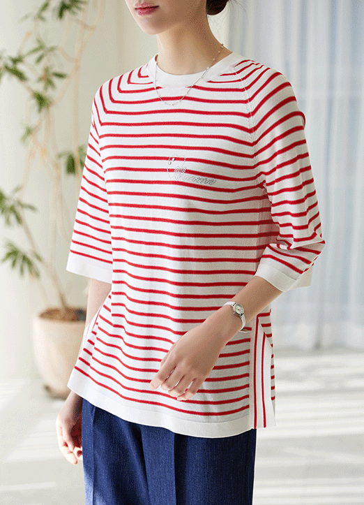 [Louis Angel] 珠串点缀条纹侧开叉针织衫