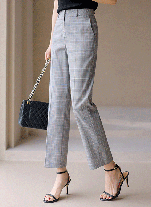 (55-77) 글렌 체크 세미 일자 9부 스트레이트 핏 슬랙스 팬츠