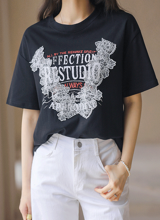 레이스 배색 레터링 프린팅 반팔 라운드 티셔츠