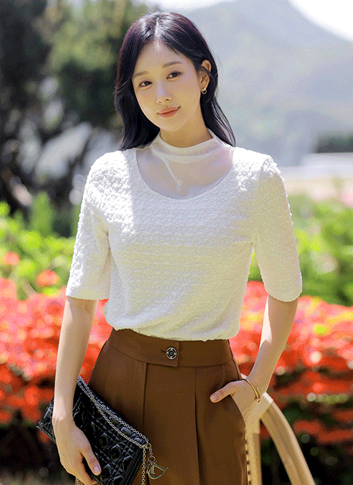 [LouisAngel] 베린 시스루 배색 반하이넥 5부 엠보 쟈가드 티셔츠