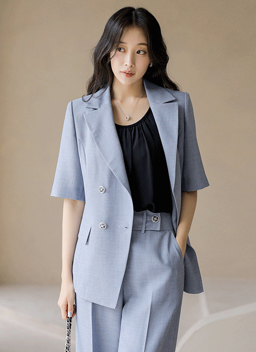 [LouisAngel] 블루엘 사각사각 린넨 라이크 실버 벨트SET 더블 테일러드 자켓