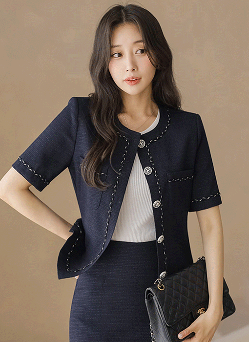 소네타 브레이드 라인 디테일 노카라 펄 트위드 반팔 자켓