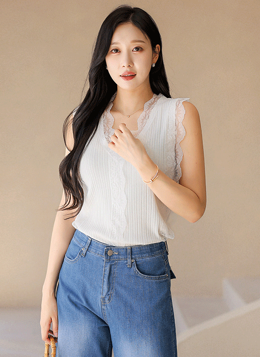 세리스 플라워 레이스 배색 브이넥 골지 니트 나시