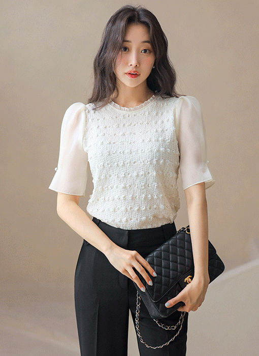 [LouisAngel] 테일러 시스루 쉬폰 튤립 소매 배색 에스닉 쟈가드 블라우스 티