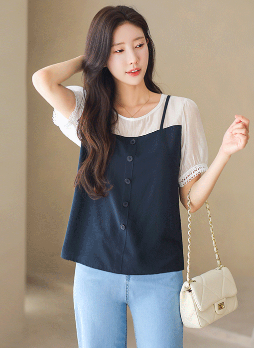 루아라 뷔스티에 라인 배색 쉬폰 퍼프 소매 블라우스