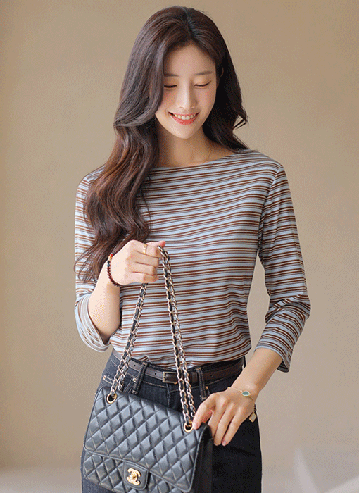 마롱 스트라이프 보트 입술넥 7부 텐셀 스판 티셔츠