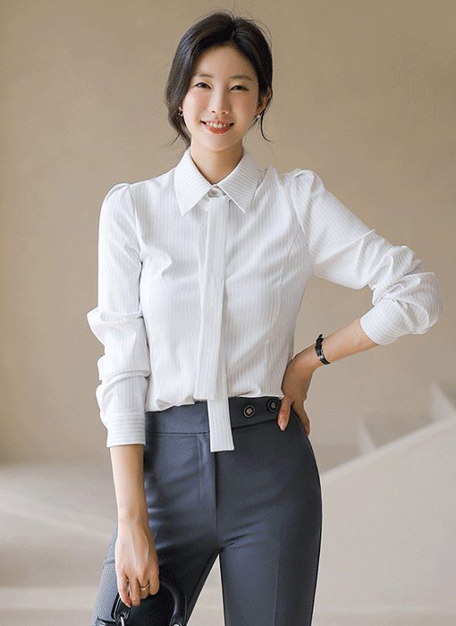 [LouisAngel] 인텔리 슬림 실루엣 리본 타이 SET 씬 스트라이프 카라 블라우스