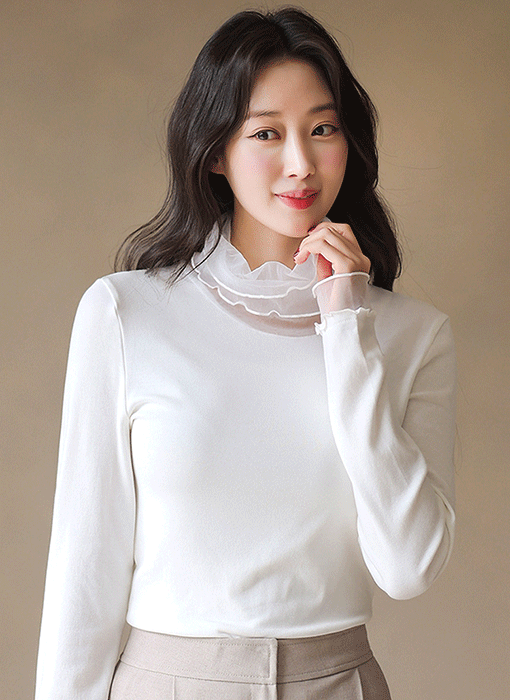 제이린 소프트 모달 시스루 이중 폴라 넥 긴팔 티셔츠