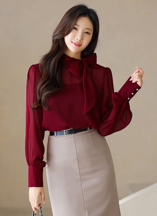 도나멜 매혹적인 컬러 리본 타이넥 시스루 쉬폰 블라우스