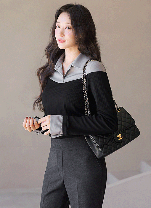 [LouisAngel] 리미르 오프숄더 배색 카라 블라우스 티