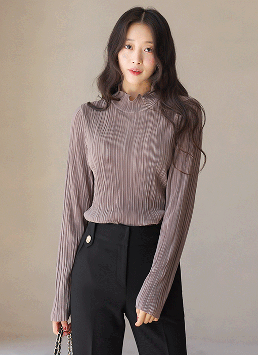 [LouisAngel] 제이유 플리츠 주름 웨이브라인 반하이넥 블라우스 티