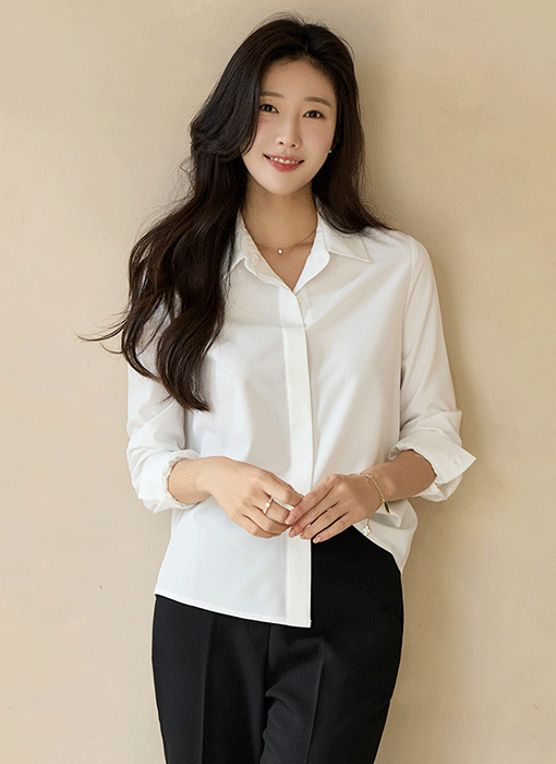 [LouisAngel] 로이어 쫀쫀 스판 히든 버튼 베이직 스탠다드 카라 셔츠 블라우스