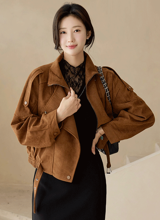 레이폴 밑단 밴딩 스웨이드 벨티드 라이더 자켓