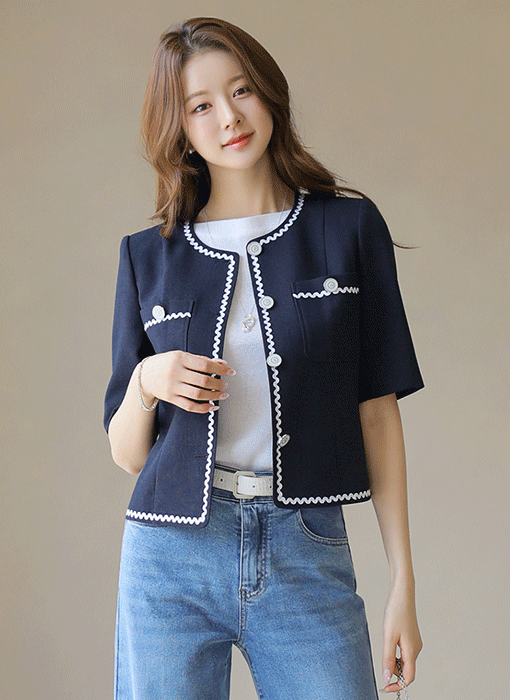[LouisAngel] 엘딘 화이트 물결 라인 사각사각 린넨 라이크 노카라 자켓