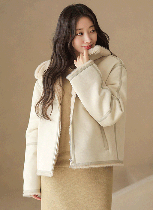 [Theonme] 퍼 카라 배색 라인 하이넥 무스탕 자켓